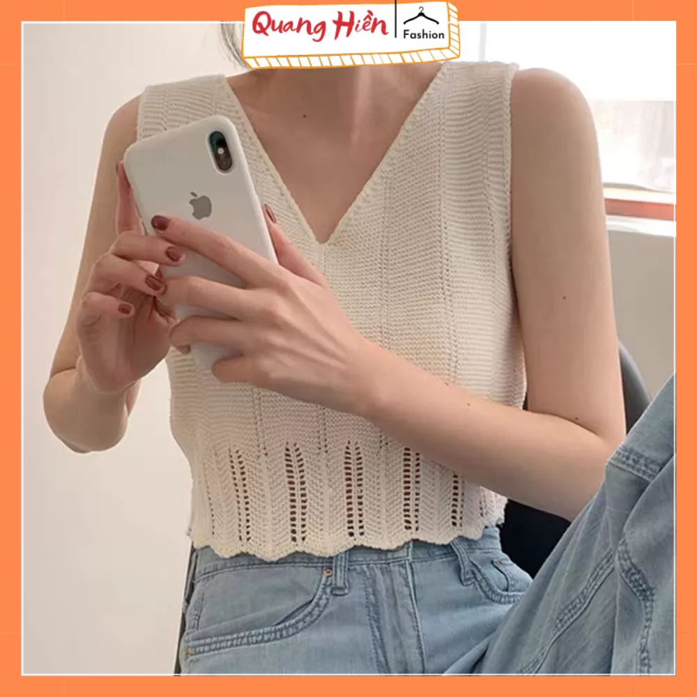 Áo ba lỗ nữ len dệt kim croptop cổ V bo gấu MS614