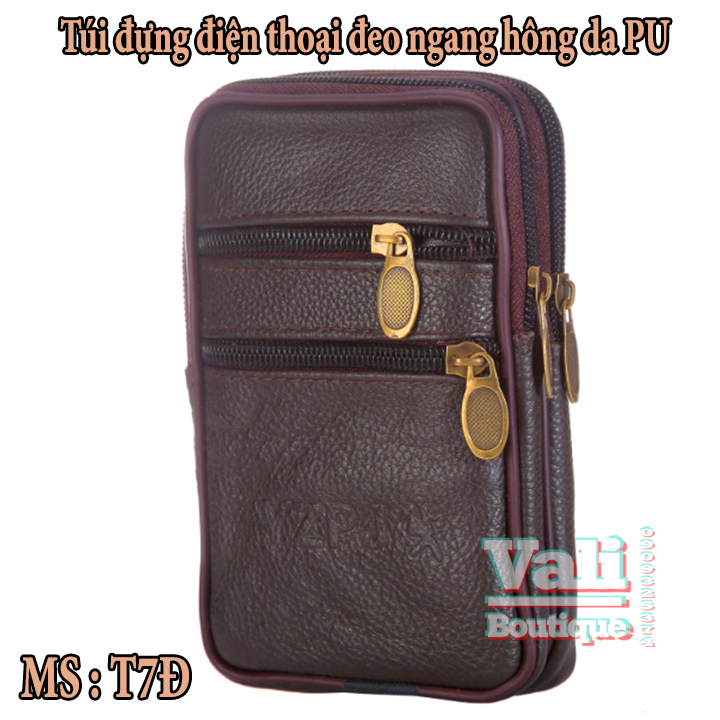 [HCM]Túi đựng điện thoại da bò đeo ngang hông kiểu dọc T7 4 dây kéo nhiều ngăn - Túi đeo thắt lưng da bò kiểu dọc - nâu đậm
