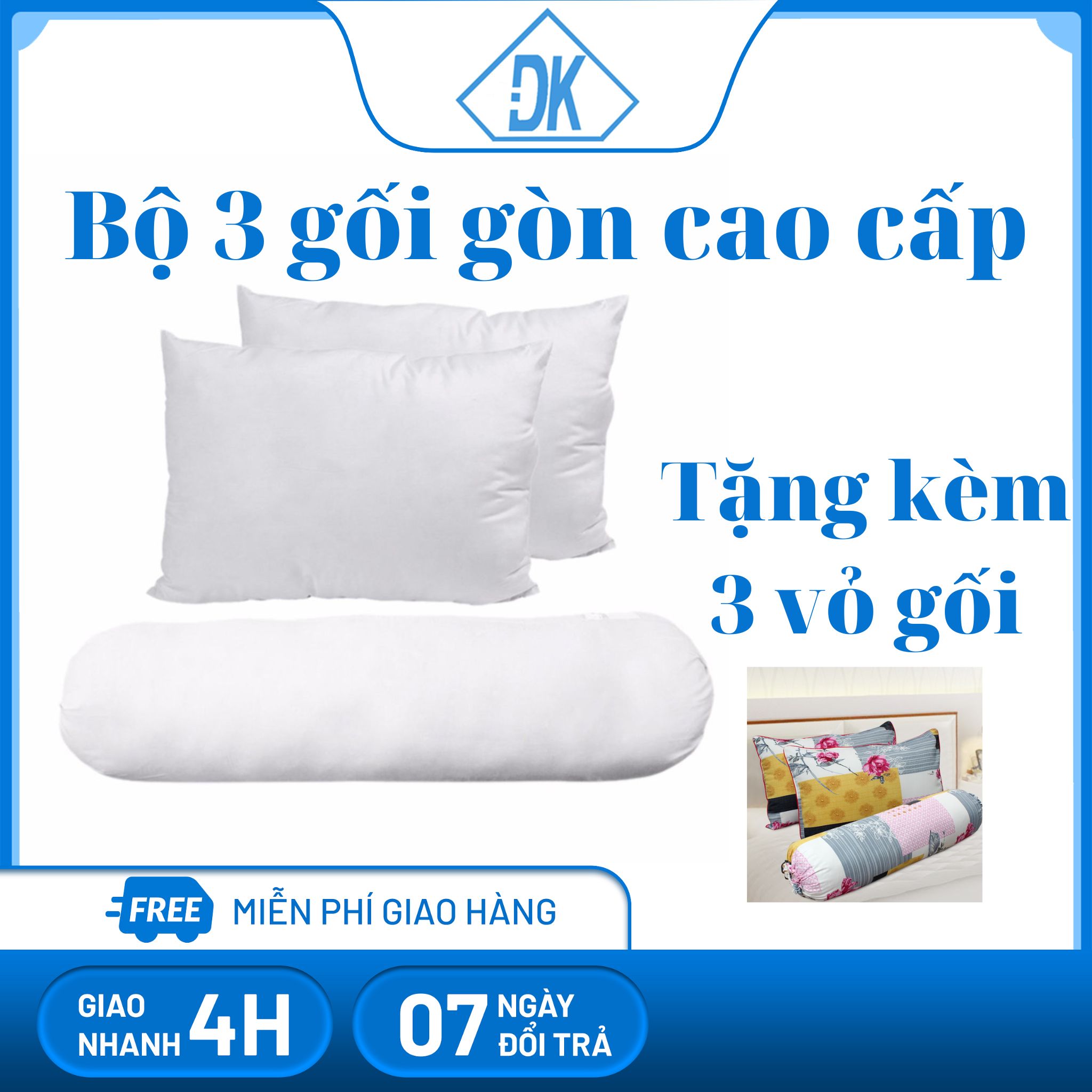 Bộ 2 gối ngủ 50x70cm + 1 gối ôm 100x35cm tặng 3 vỏ gối cotton hàng VN cao cấp - Đăng Khoa 79 -  gối hơi, ruột gối ôm dài, gối nằm