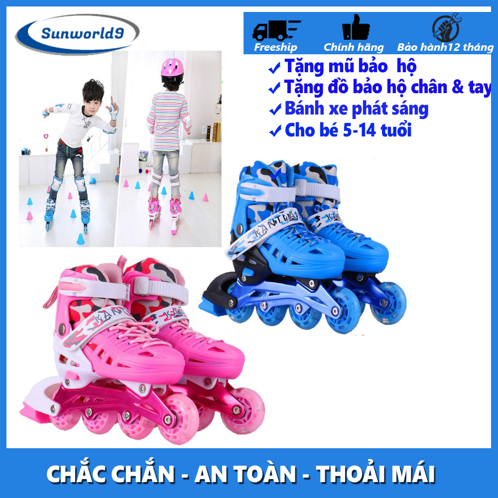 Giày trượt Patin Trẻ em Giá Rẻ Tặng Mũ và Đồ Bảo Hộ (5 đến 14 tuổi), Giày Trượt Patin Trẻ Em 4 Bánh, Giày Trượt Patin Trẻ Em Có Đèn, Giúp Bé Vui Chơi Lành Mạnh Và Phát Triển Toàn Diện Sức Khỏe. Bảo Hành 12 Tháng