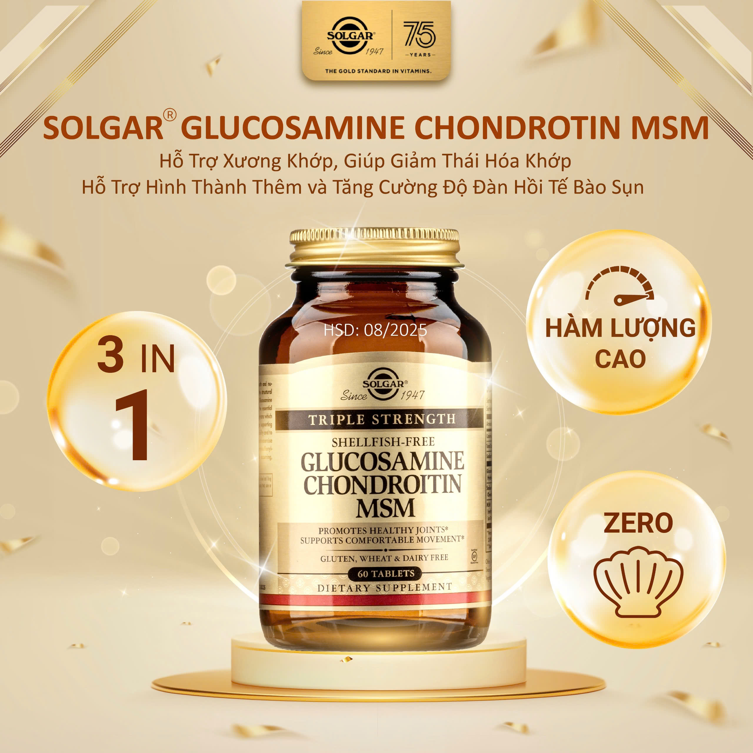 Viên Uống Solgar Triple Strength Glucosamine Condrotin MSM - Hỗ Trợ Xương Khớp, Giúp Giảm Thái Hóa Khớp, Tăng Cường Đàn Hồi Tế Bào Sụn [Lọ 60 Viên ]