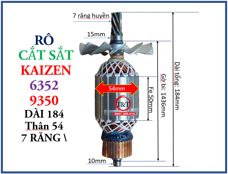 Rotor máy cắt sắt ZB350 7 răng tặng kèm chối than, Dùng cho máy Kaizen 6352, 9350, MAG6352, Panada (dài 184, thân 54, 7 răng dấu huyền)