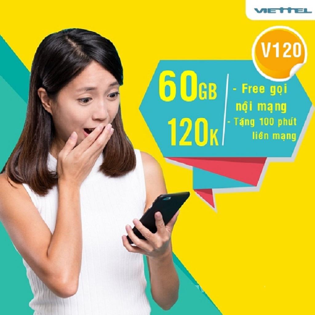 Sim Viettel gói V120, 60gb tháng, miễn phí gọi nội mạng