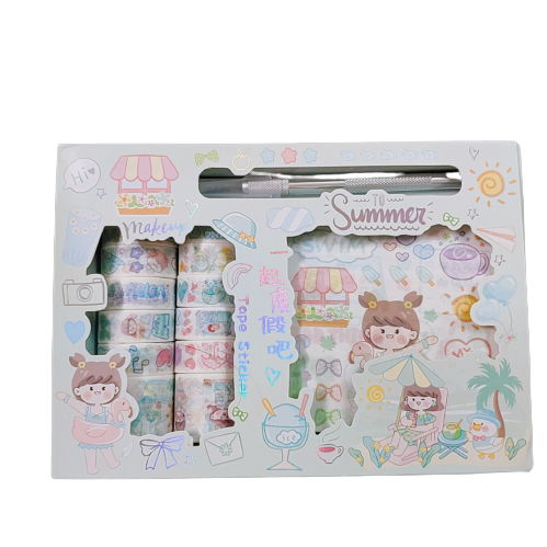Hộp 12 Washi Tape Kèm 10 Vỉ Sticker + 1 Dao Tỉa