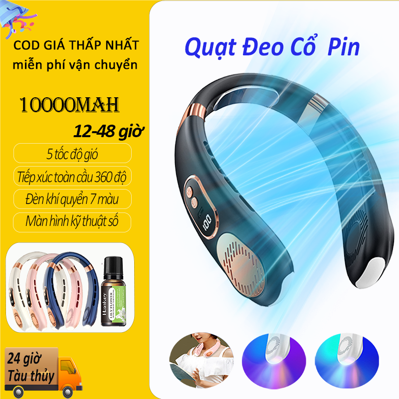 Quạt Mini Đeo Cổ Không Cánh 5 Tốc Độ Gió Mạnh Đá sứ làm mát Tắt tiếng, nhấn tốc độ cao Hệ thống gió lạnh