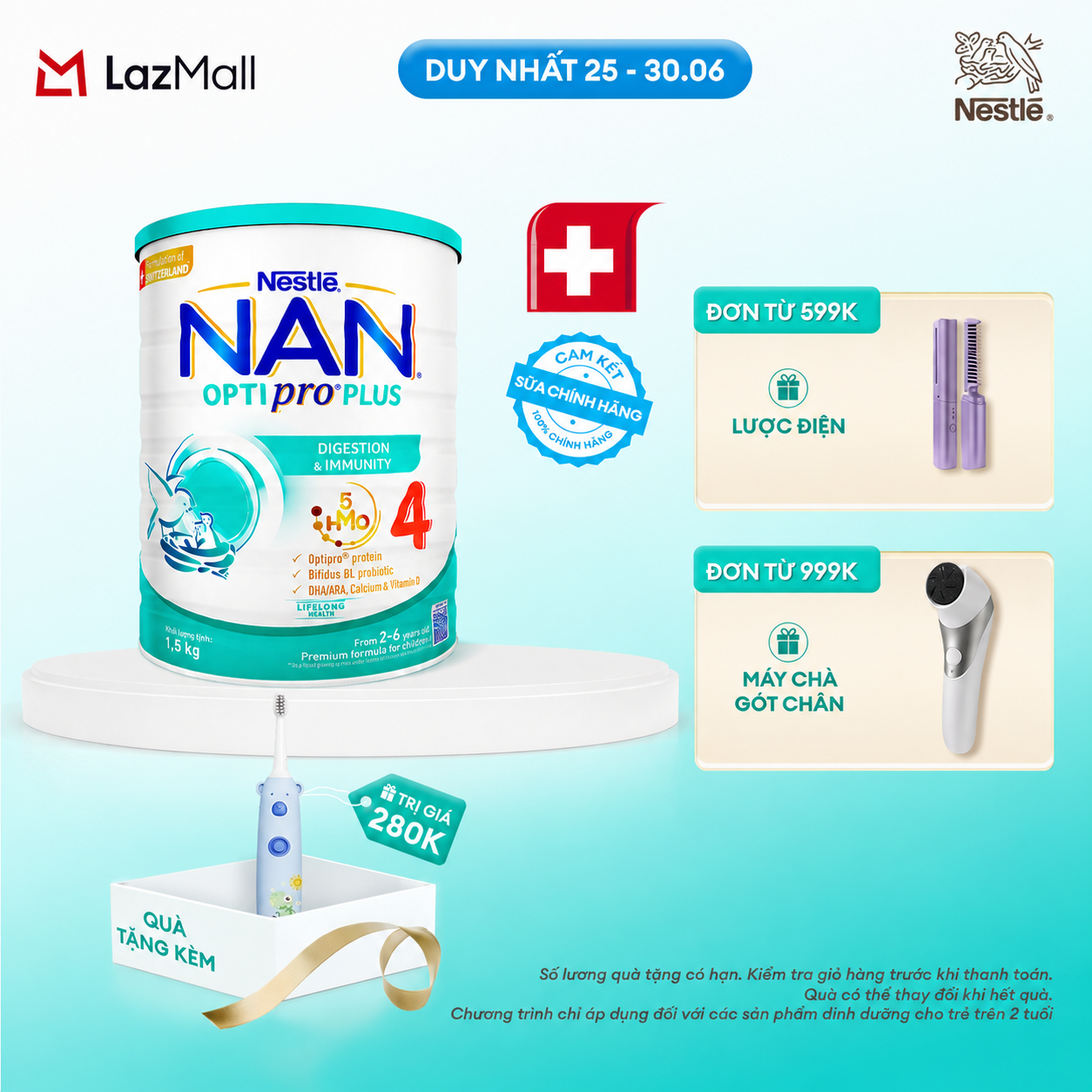 [CHỈ 25-30.06 QT Đơn 599K/999K][Tặng bàn chải điện] Sữa bột Nestlé NAN OPTIPRO PLUS 4 1500g/lon với 5HMO Giúp tiêu hóa tốt