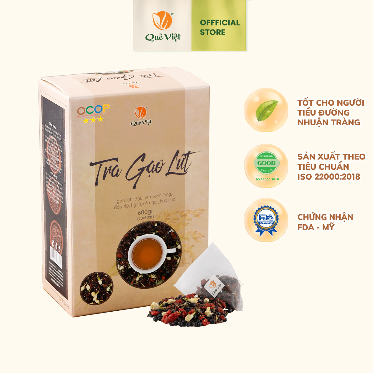 Trà gạo lứt Quê Việt hộp 600gr - Giảm mỡ máu, giải độc gan, kiểm soát đường huyết, hỗ trợ giảm cân an toàn; tăng cường chức năng của thận, không bị tiểu đêm;  (1 hộp*600G)