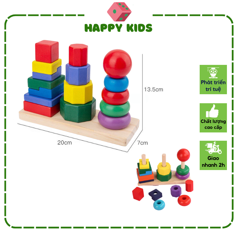 Đồ chơi trẻ em bằng gỗ Tháp thả hình khối 3 cọc Montessori đồ chơi thông minh cho bé