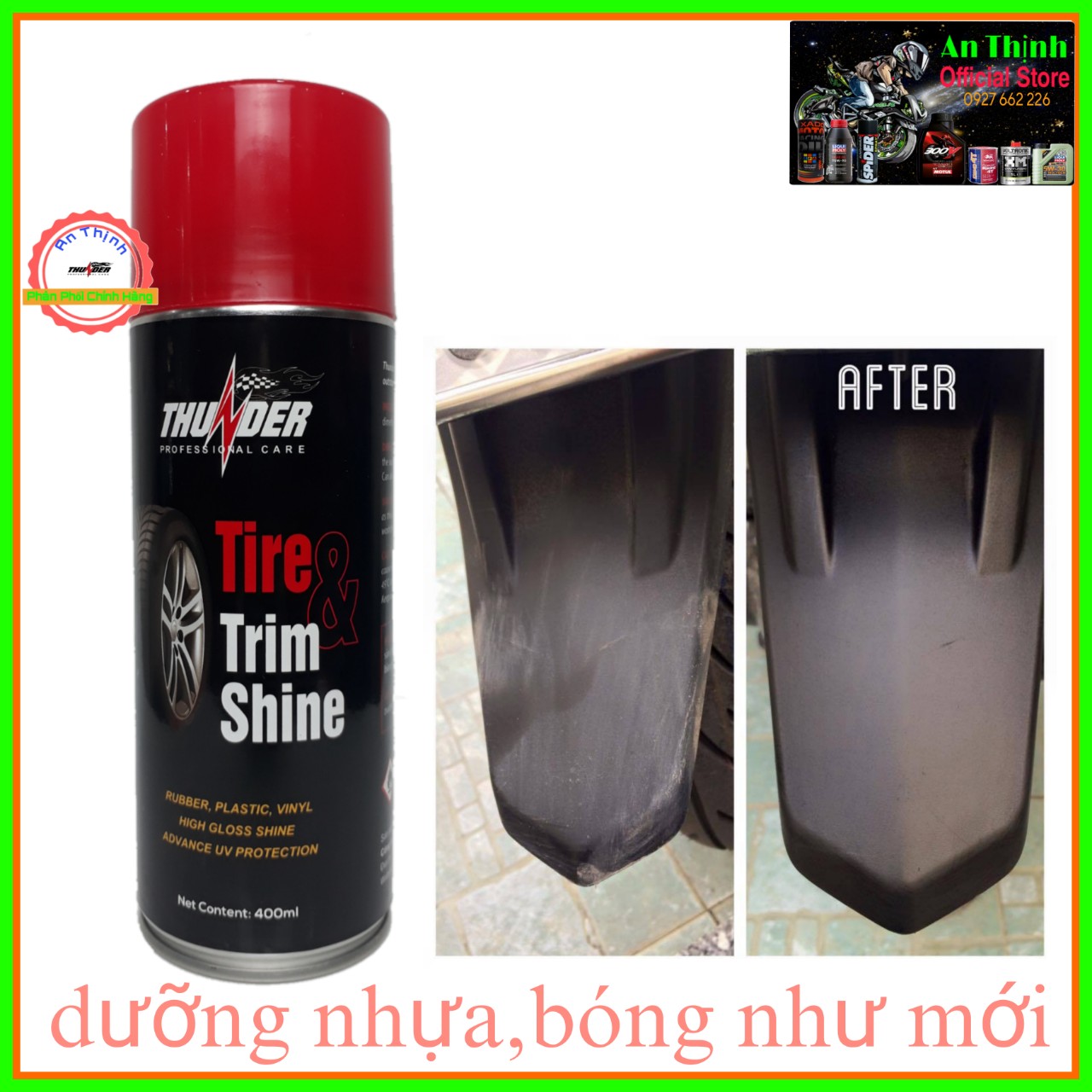 Chai Dưỡng, Phục Hồi Nhựa Nhám, Bóng Vỏ Xe Thunder Tire Trim Shine 400ML-Cao Cấp Chính Hãng Cho Mọi Loại Xe. 