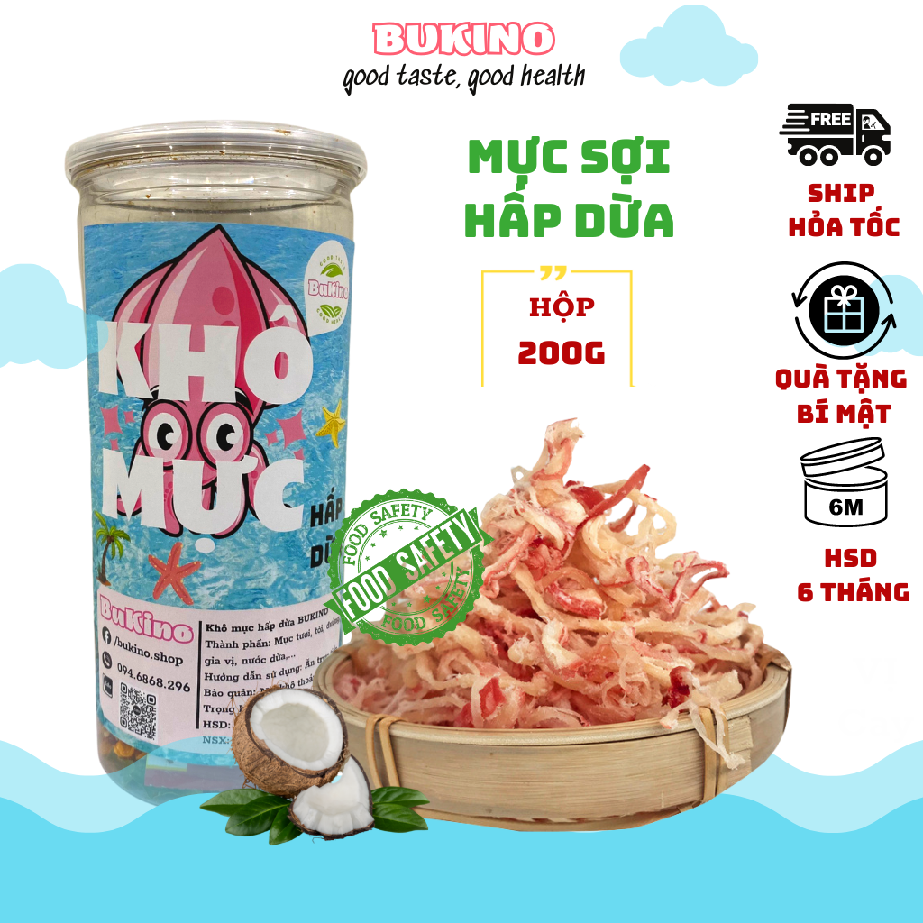 Khô mực hấp nước dừa xé sợi BUKINO, mực xé sợi đóng hũ 200gr không cay, đồ ăn vặt khô mực sợi ngon rẻ an toàn vệ sinh thực phẩm Hà Nội