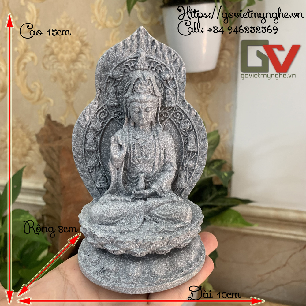 Tượng đá trang trí phật bà quan thế âm bồ tát ngồi đài sen + chữ "phật" - chiều cao 15cm - màu xám