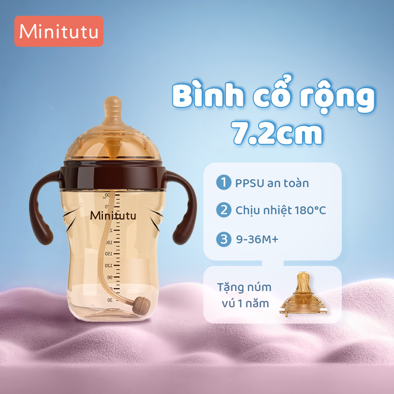  Bình Sữa Minitutu 7,2cm wide neck PP PPSU 300ml Chống rơi có tay cầm BPA Free 