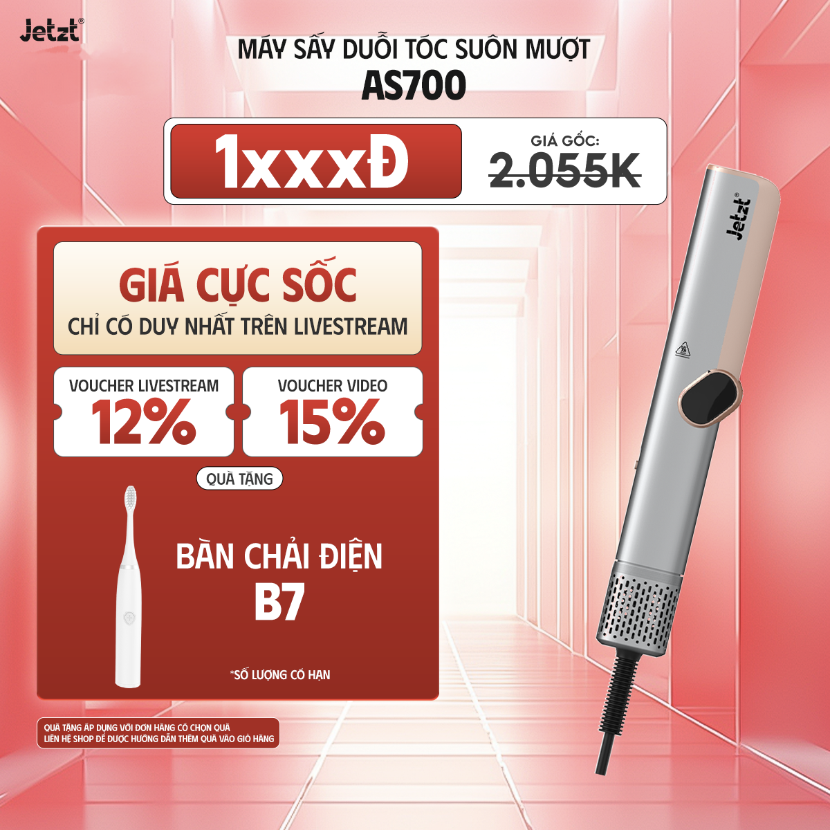 Máy sấy duỗi tóc suôn mượt Jetzt AS700, 4 mức độ nhiệt, tạo kiểu ấn tượng