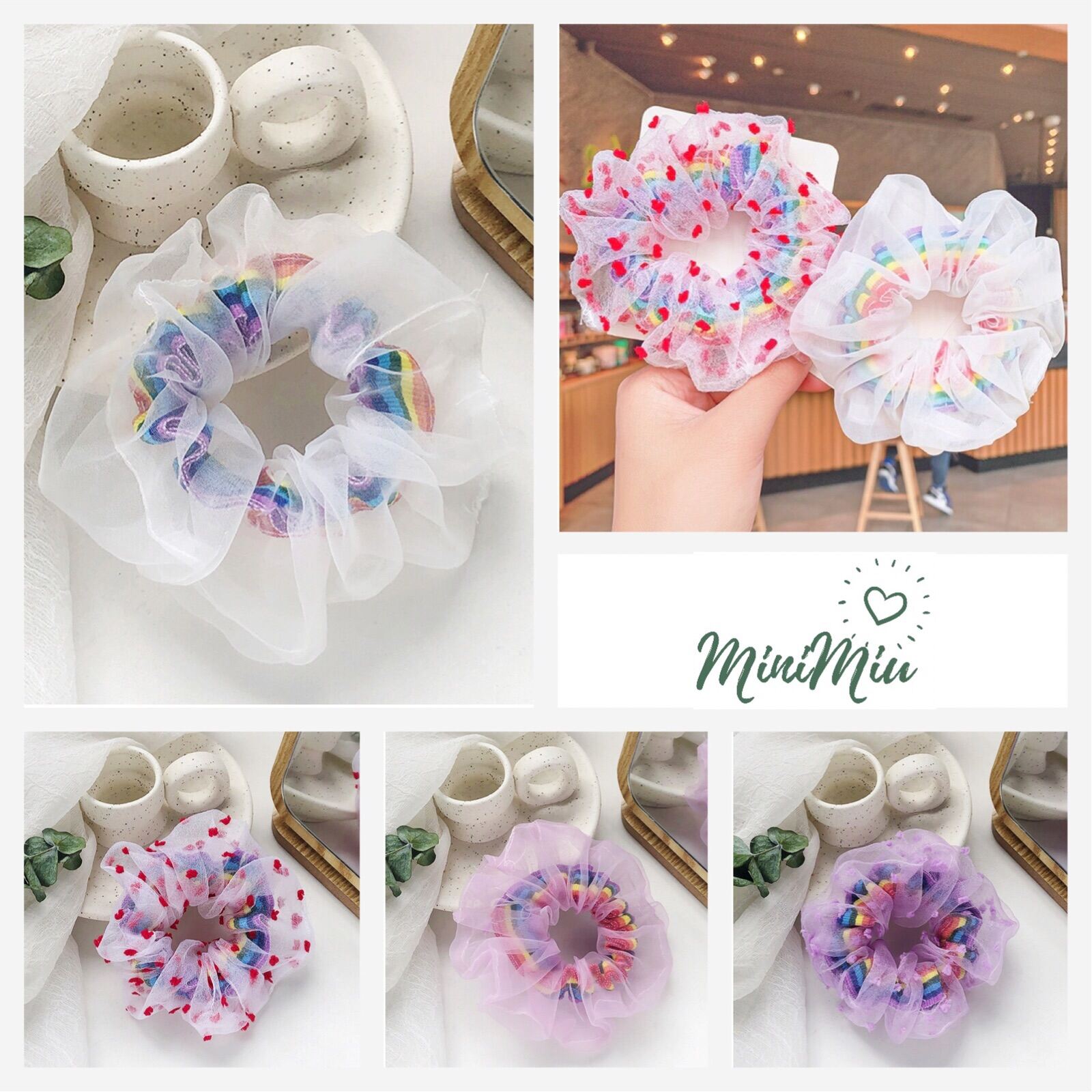 [HCM]Dây buộc tóc, cột tóc cho nữ và bé gái Scrunchies rainbow co giãn, voan 2 lốp phối màu hoạ tiết cầu vồng, style Hàn Quốc CTV46 - MiniMiu