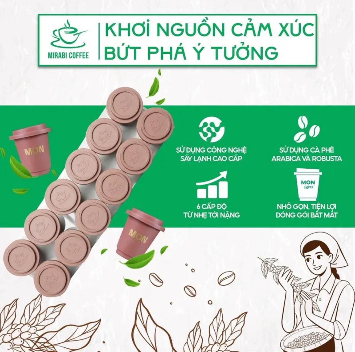 HỘP 12 viên Cà Phê Hòa Tan Sấy Thăng Hoa MIRABI, Full Hộp Nâu