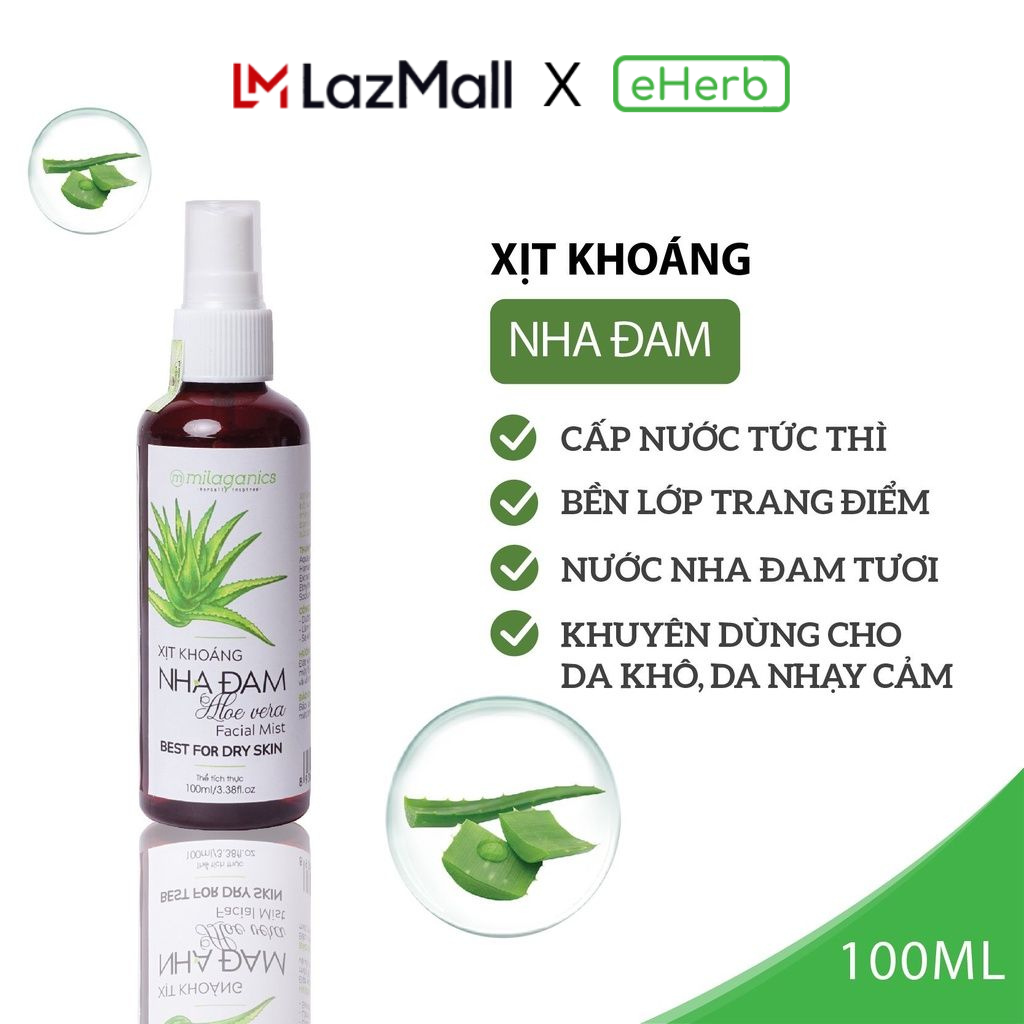 Chai xịt khoáng nha đam cấp nước tức thì làm dịu da cân bằng độ ẩm milaganics 100ml - eherb