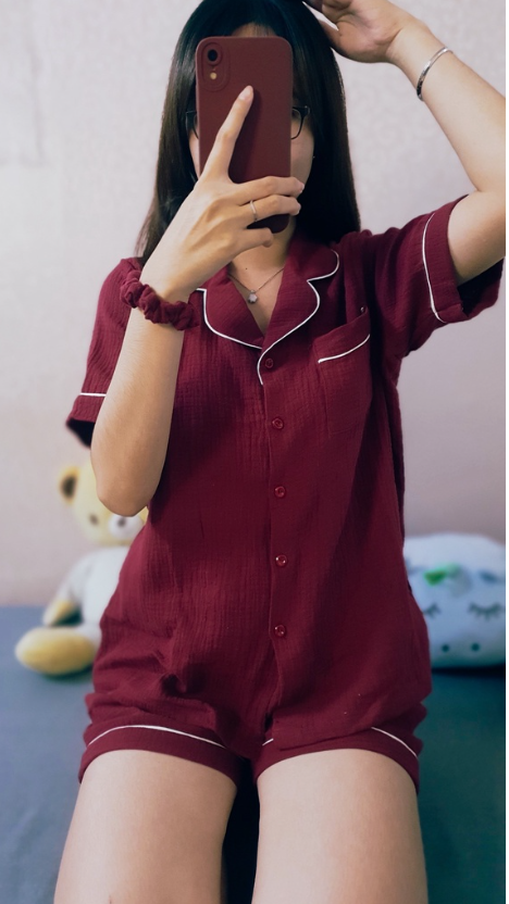 Pyjama xô muslin đỏ mận cực xinh