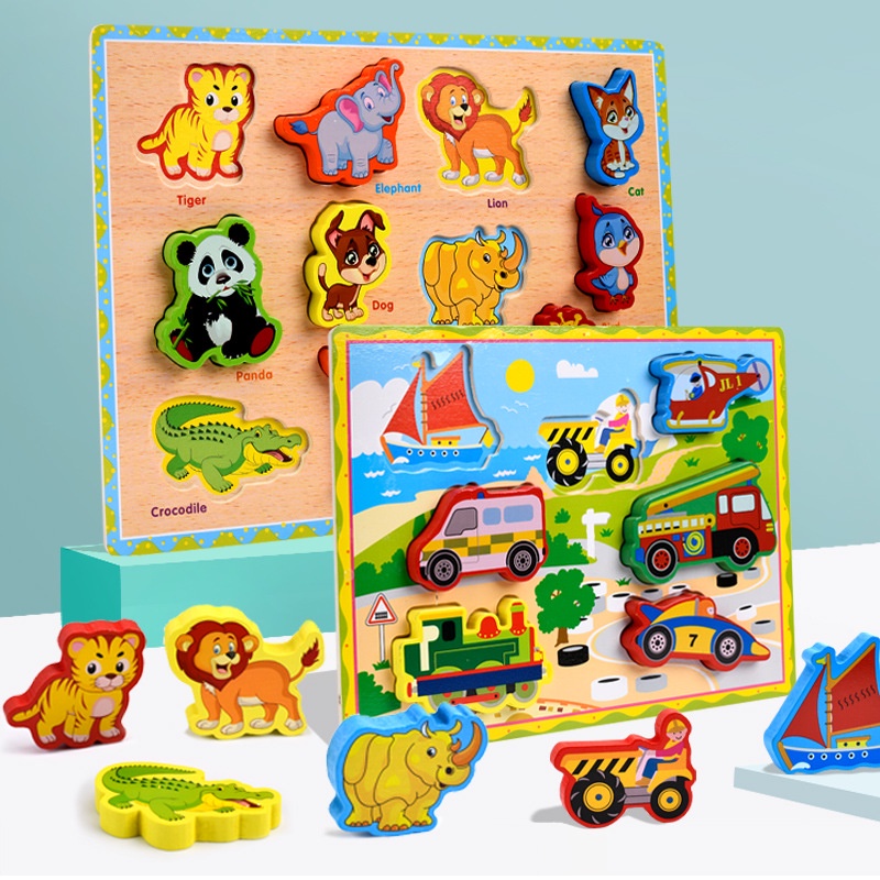 Bảng ghép hình 3d bằng gỗ với chủ đề động vật và phương tiện giao thông cho bé phát triển tư duy trí tuê