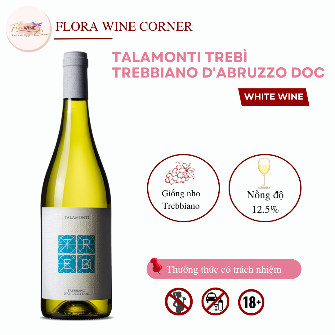 Rượu vang trắng Ý Talamonti Trebi Trebbiano D’ Abruzzo DOC - Nồng độ 12.5% Alc, 750ml - Nhập khẩu Chính Hãng