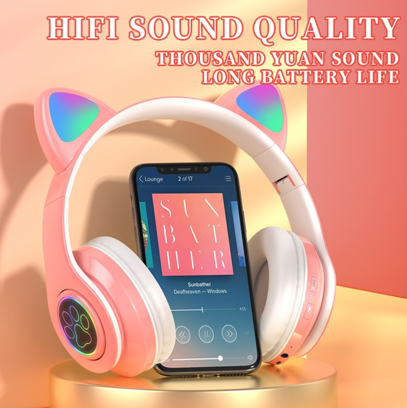 Tai nghe Bluetooth hình mèo dễ thương có micro, khử tiếng ồn, âm bass mạnh mẽ, không dây tiện lợi