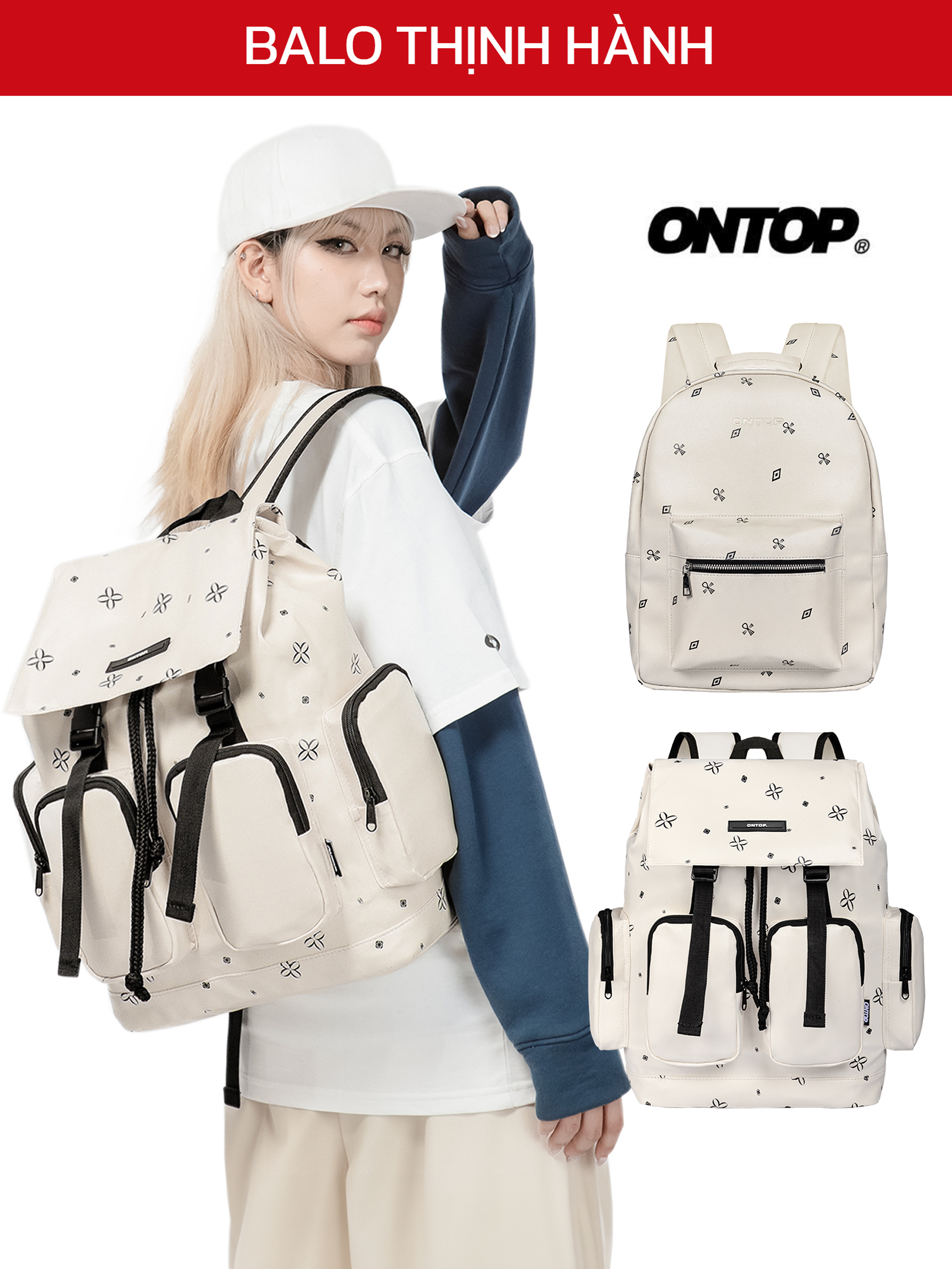 Balo da họa tiết màu kem monogram ONTOP chống nước, nhiều ngăn đi học | Cặp Level O-P10_O-P26