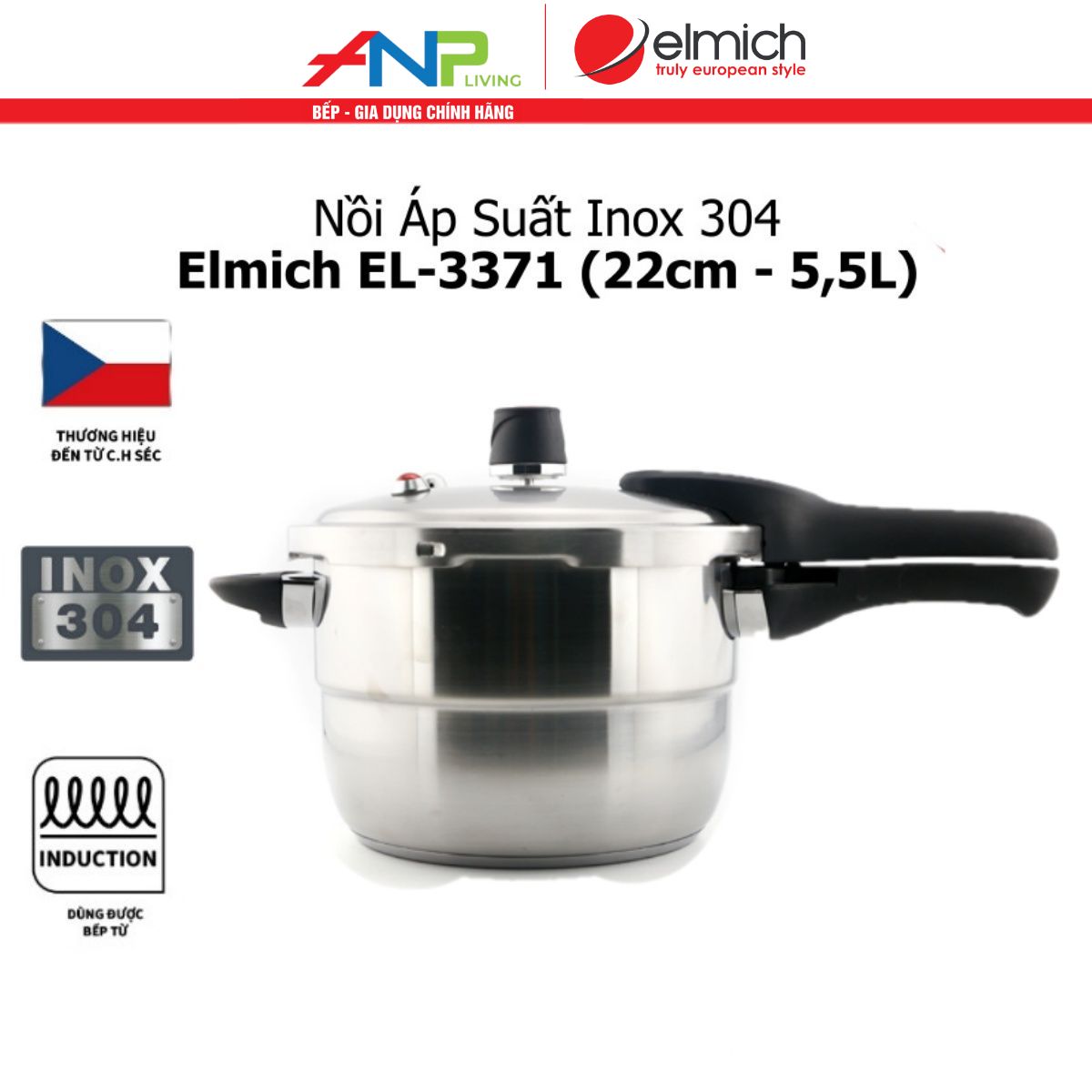 Nồi Áp Suất Đun Từ Inox 304 ELMICH EL-3371 (Dung Tích 5,5L, Size 22cm)