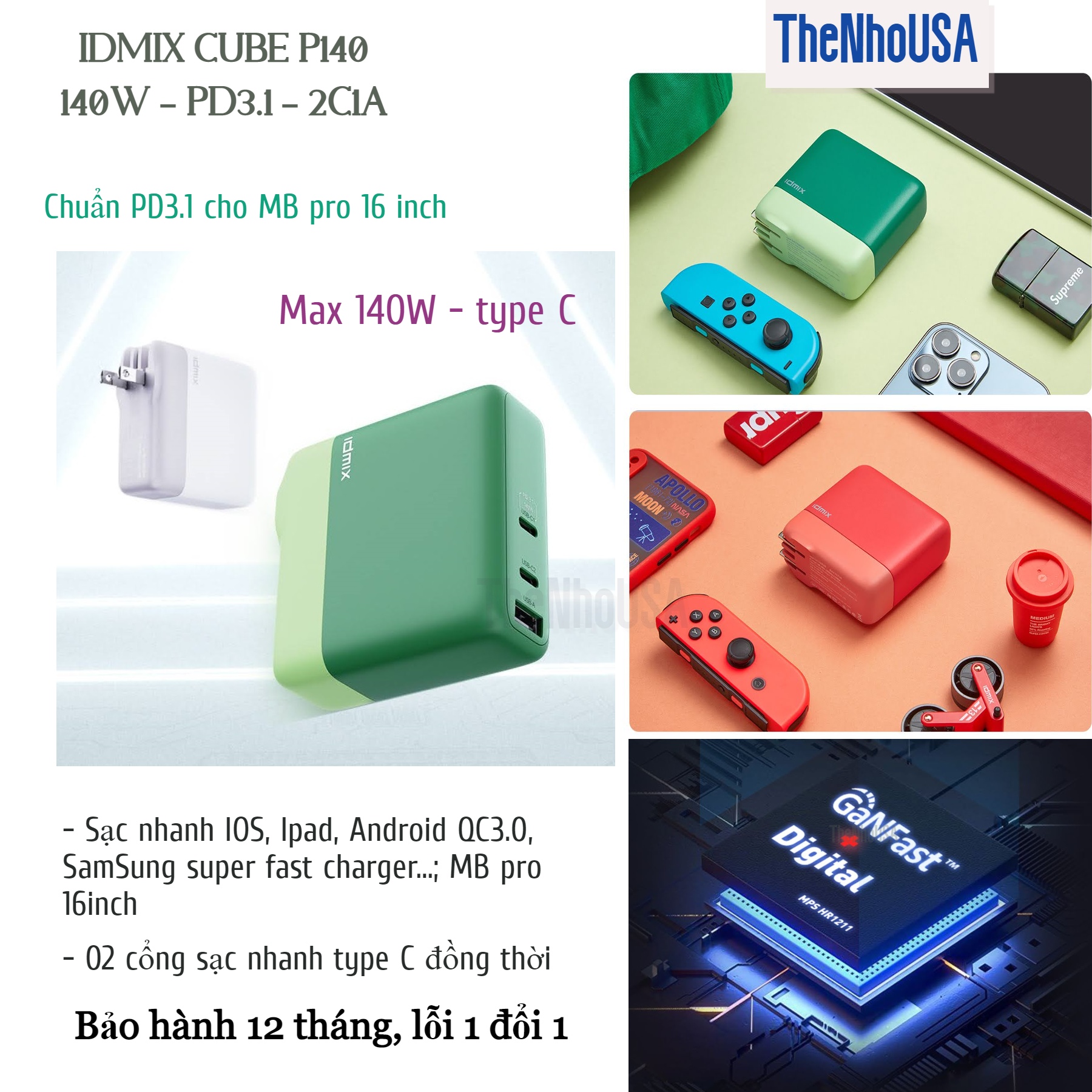 Củ sạc nhanh 140W Idmix Power Cube P140 [2 Type C + 1 Type A] PD/PPS5A/QC....  [BH 12T]