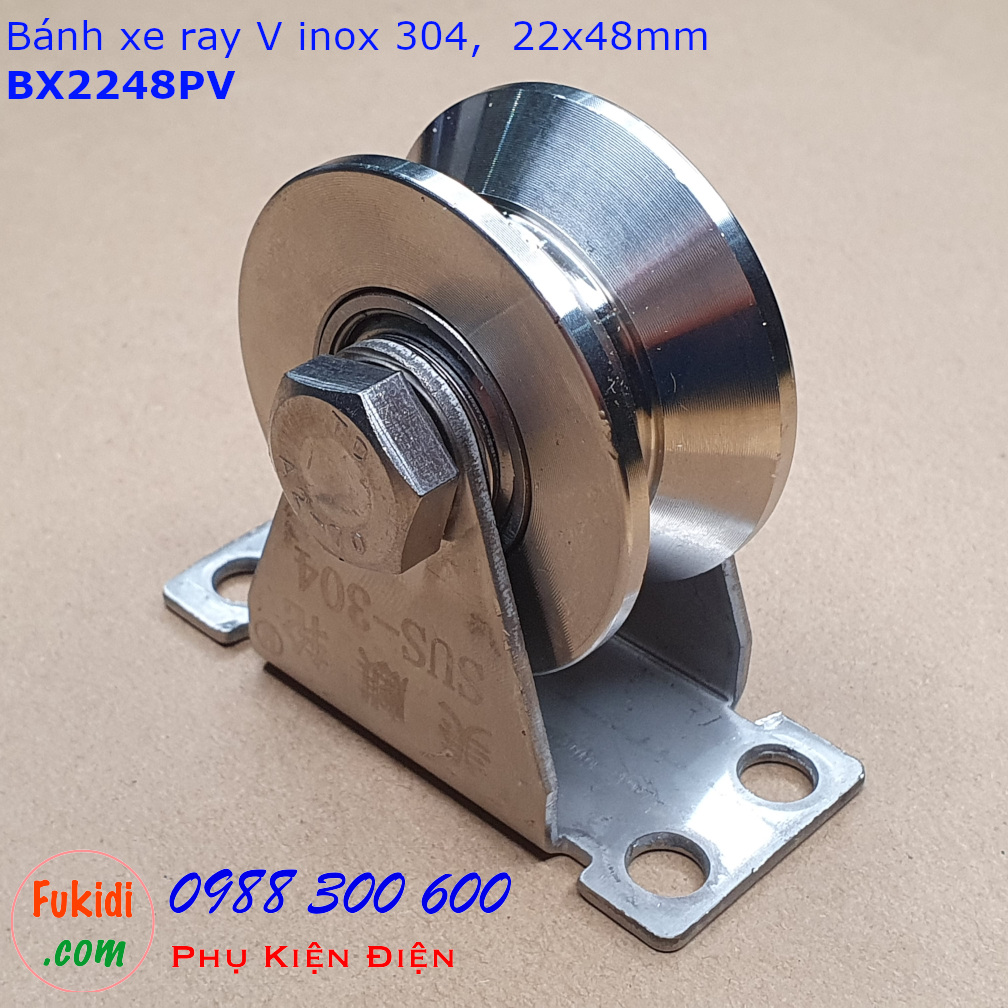 Bánh xe cửa cổng lùa inox 304 có đế treo ray V size 22x48mm BX2248PV