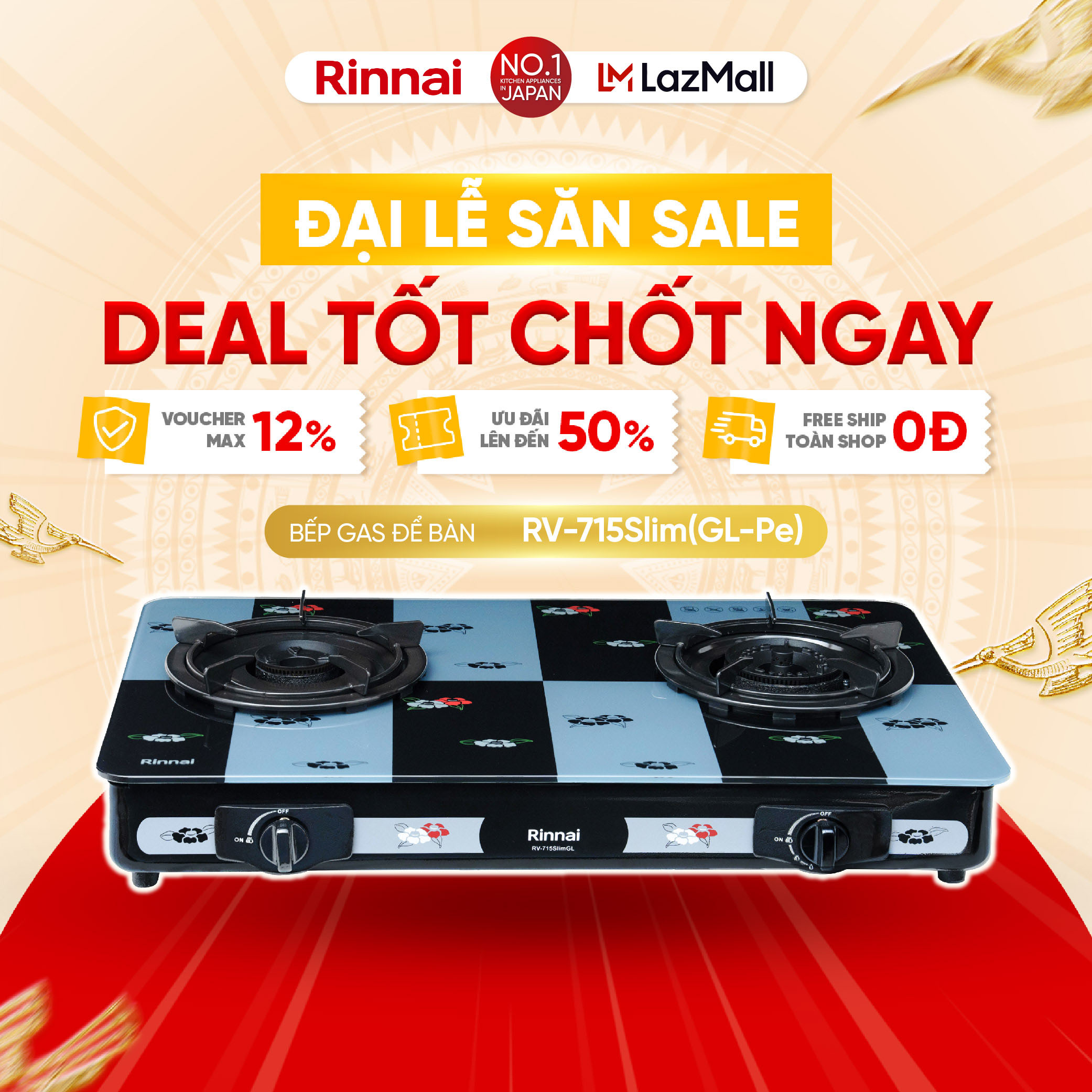Bếp gas dương Rinnai RV-715Slim(GL-Pe) mặt bếp kính và kiềng bếp men.