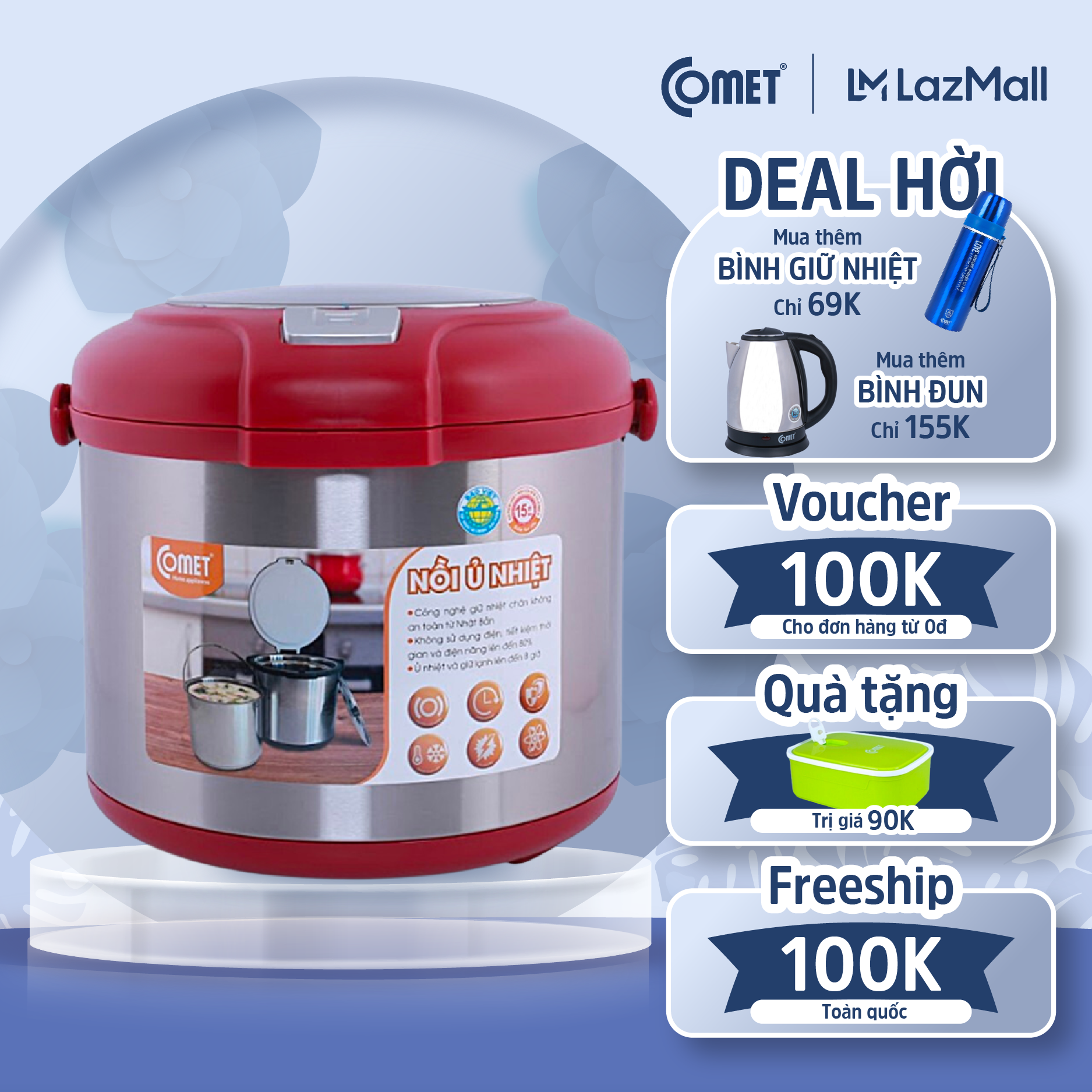 Nồi Ủ Nhiệt COMET CM7661 dung tích 5.0L làm mềm thực phẩm, giữ nóng giữ lạnh, đảm bảo dinh dưỡng trong quá trình chế biến - Hàng chính hãng - Bảo hành 12 tháng