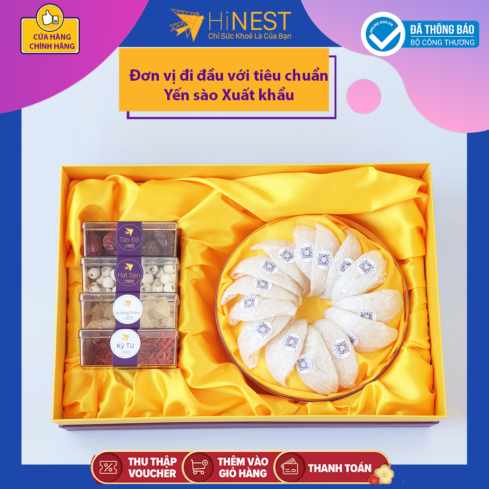 Hộp quà Tổ yến rút lông khô 100gr - Yến sào Thượng Hạng HiNest (100% sợi yến dài, không yến vụn yến bể, tổ yến nguyên chất loại 1) + Tặng kèm táo đỏ/kỷ tử/hạt sen/đường phèn