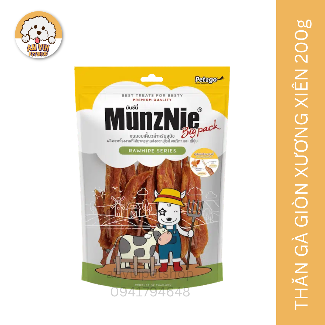 Thăn gà Munznie thức ăn cho chó sấy giòn kèm xương xiên giòn sạch răng gói 15 miếng