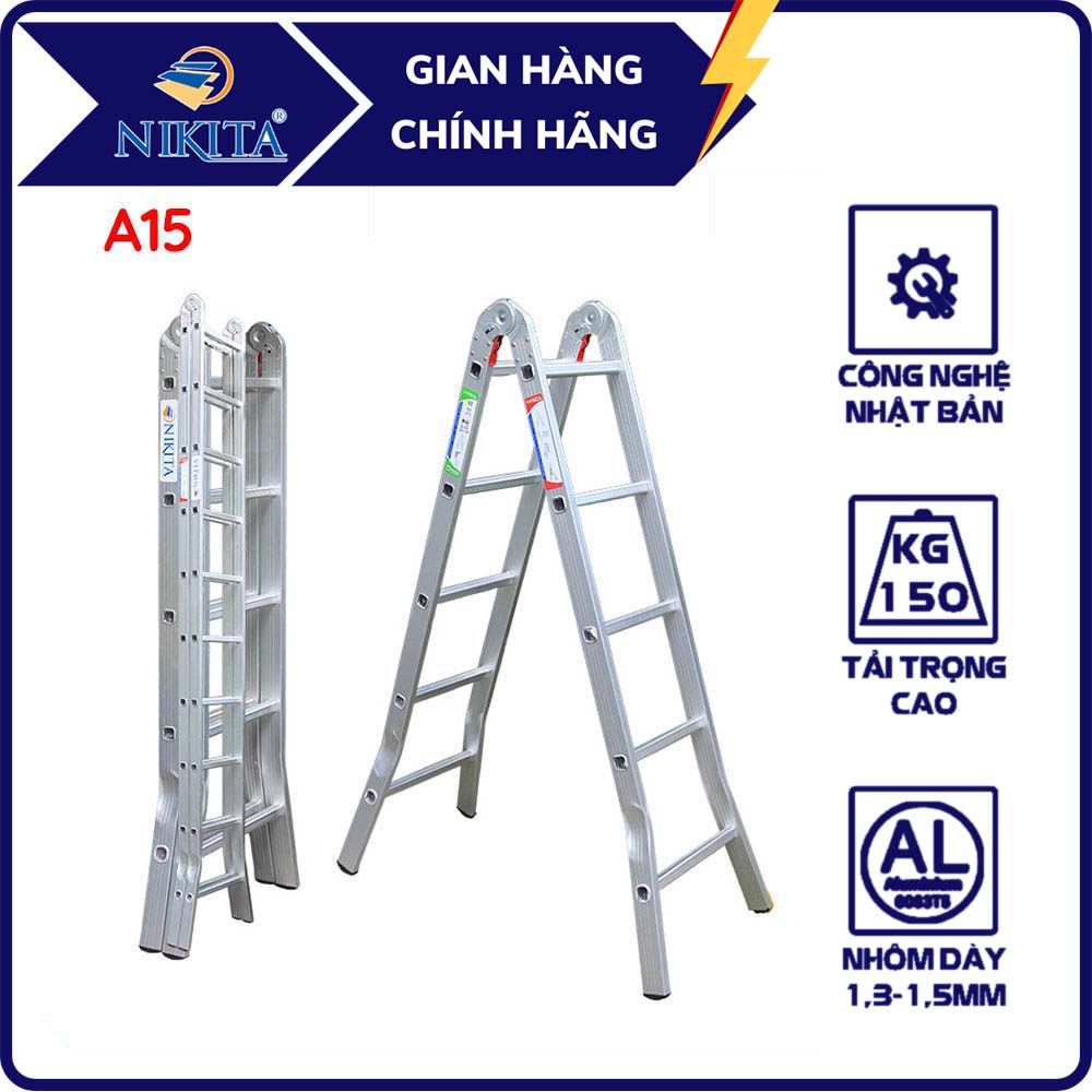 [HOT] Thang nhôm khóa sập chữ A - Tự động vào khóa - Bậc thang đột ba nấc - NIKITA