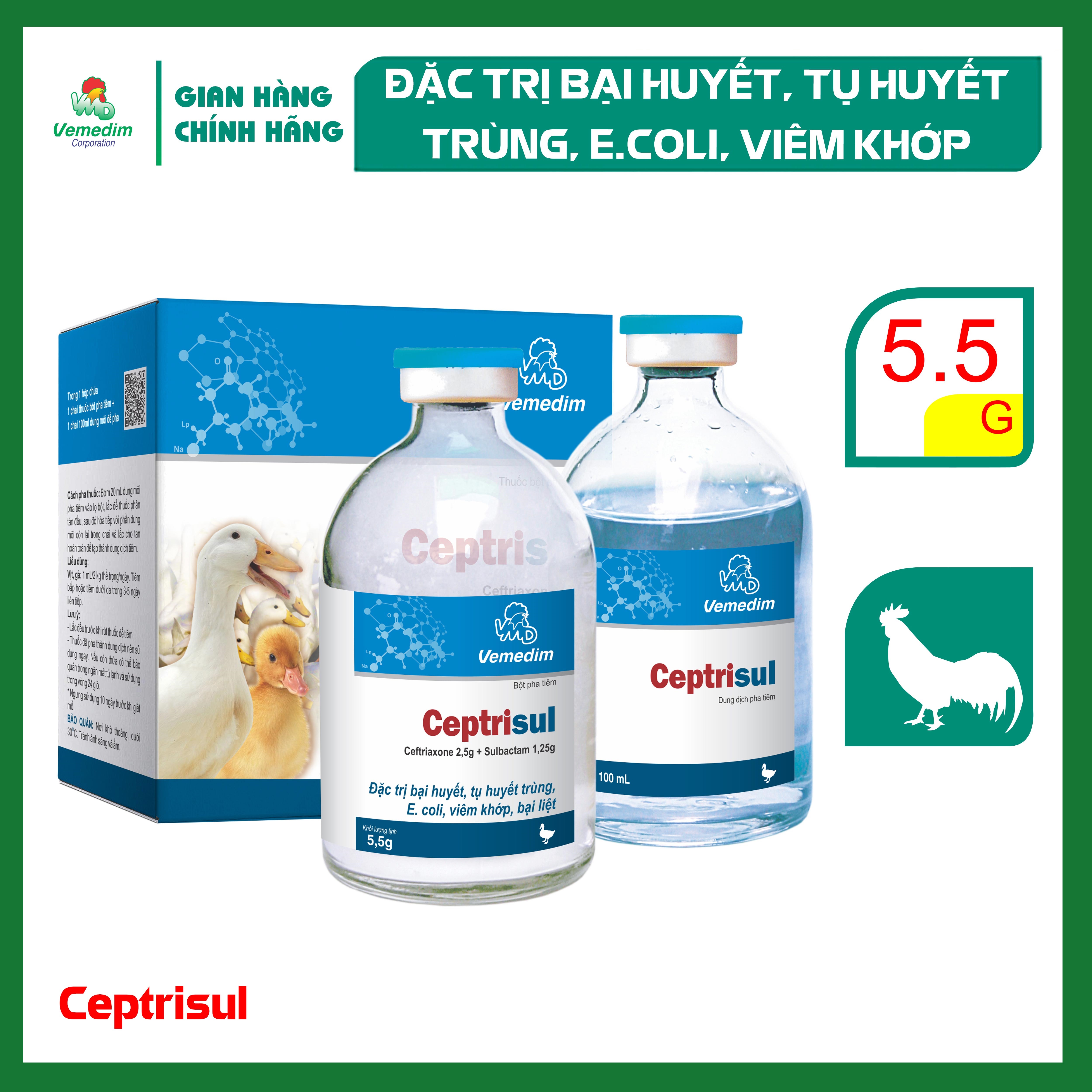 "Hoàn tiền đến 10%" Vemedim Ceptrisul phòng trị tụ huyết trùng, e.coli cho gia cầm, cặp 100ml