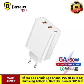 Củ sạc siêu nhanh PPS Baseus (BS-EU910 ) công xuất 60W Sạc Nhanh Quick Charge 3.0 2 cổng USB Đa Năng Sạc Cho iPhone Xiaomi Samsung Huawei SCP QC3.0 QC Cổng PD HW5A