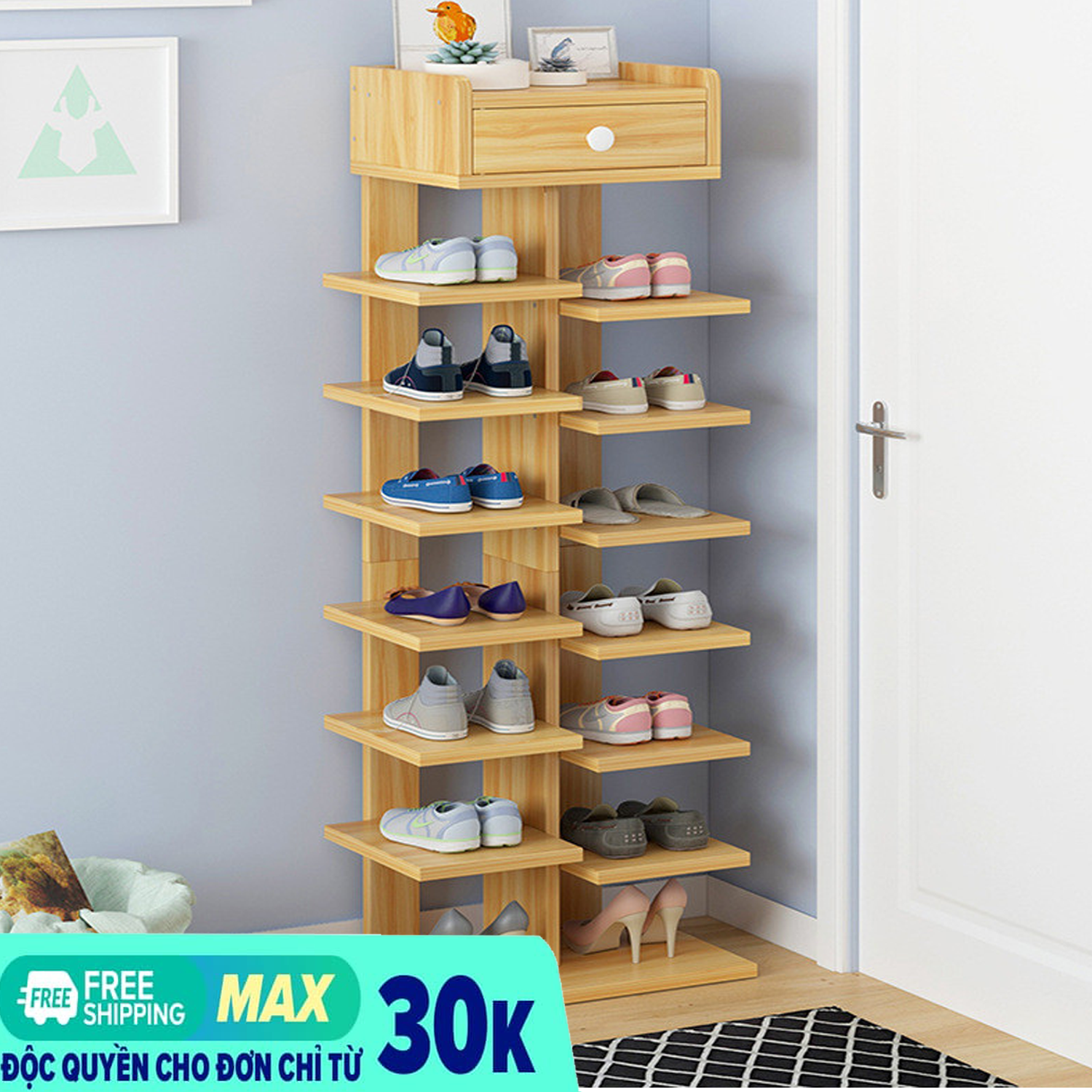 [KỆ GIÀY DÉP GỖ] Kệ giày gỗ 6 tầng - Kệ để giày dép gỗ- Có ngăn tủ phụ - Giá để giày, Kệ Giày, Kệ giầy dép - Tủ giày gỗ 6 tầng mẫu mới - HỖ TRỢ ĐỔI TRẢ 7 NGÀY