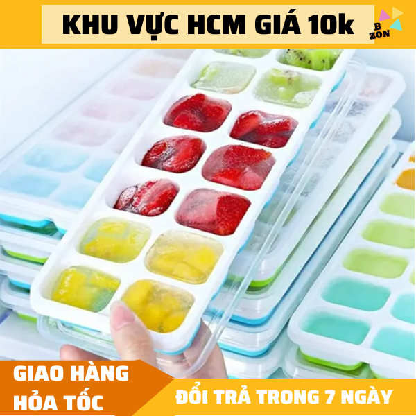 FREESHIP Khay đá silicon 14 ô có nắp đậy, khuôn rau câu, khay làm đá viên, khay đá silicon dẻo, khay làm đá silicon