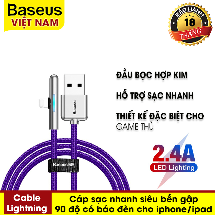 Cáp sạc và truyền dữ liệu Baseus Iridescent Lamp Mobile Game gập 90 độ USB to Lightning có đèn LED (2.4A) cho Iphone Ipad - Thương hiệu Baseus - Phân phối bởi Baseus Vietnam