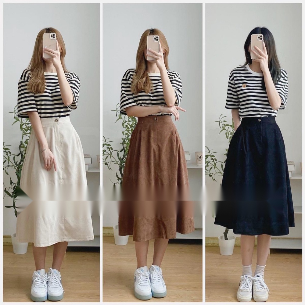 Chân váy nhung tăm Renee chân váy chữ a dài lưng chun 3 màu vintage - V178