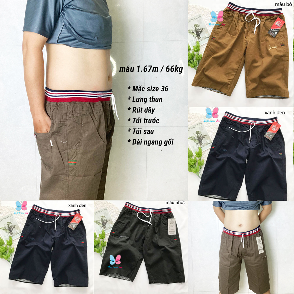 Quần kaki short lửng ngắn ngang gối cho nam 48kg - 60kg lưng bo thun có dây rút túi trước và túi sau - Hàng tốt - QN57