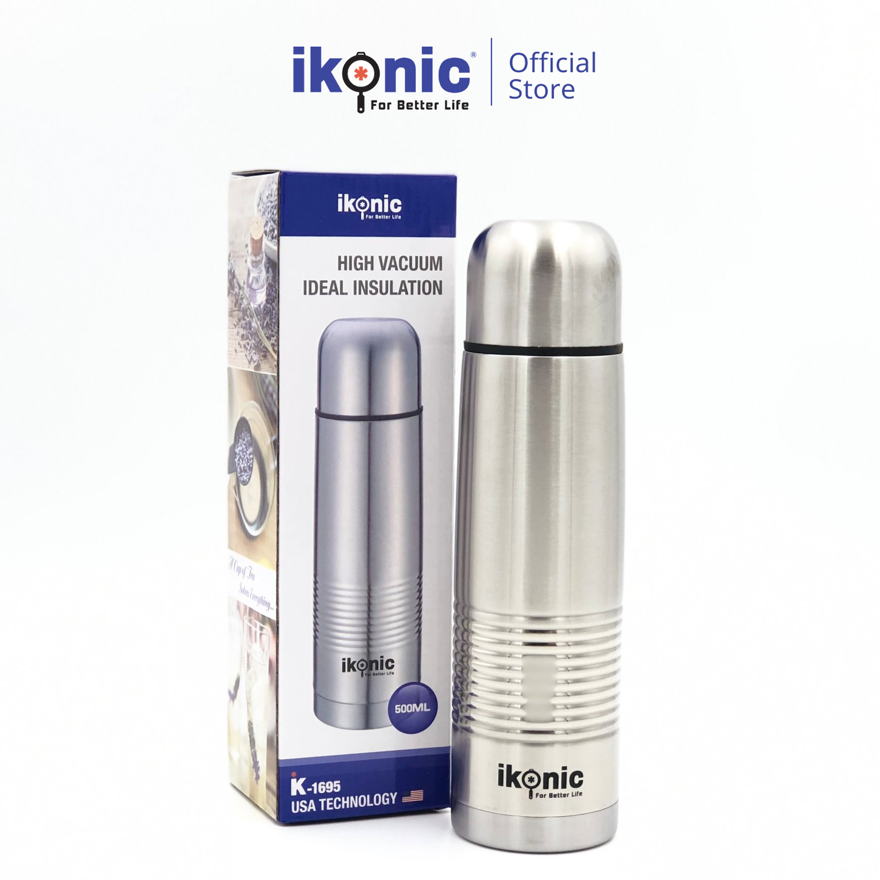 Bình giữ nhiệt Inox IKONIC IK1695 chất liệu Inox 304 chiệu nhiệt siêu tốt, không chứa BPA an toàn cho sức khỏe và có dây đeo tiện ích, thành nhăn (Dung tích 500ml) - BH 24 tháng