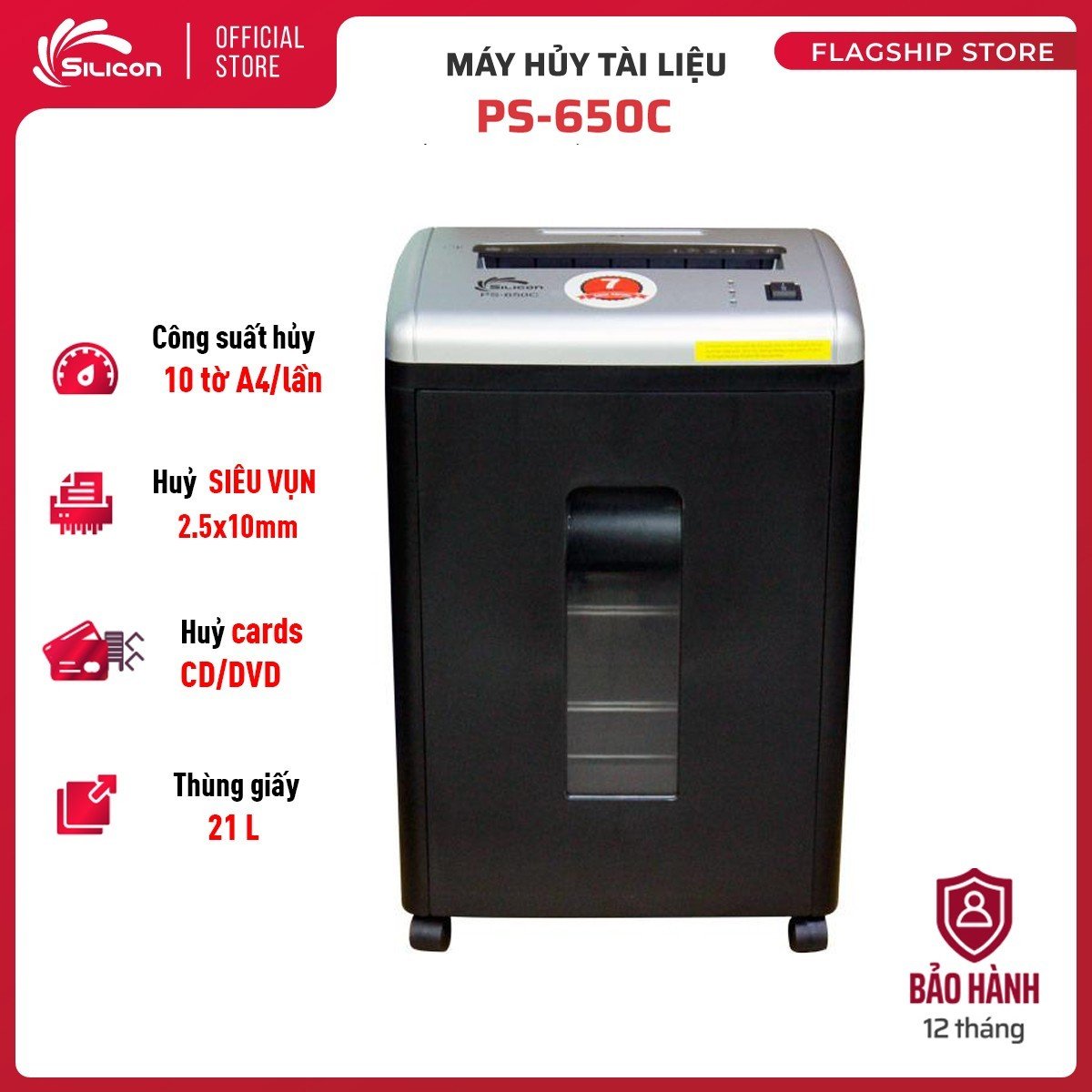 Máy hủy tài liệu silicon ps-650c, kiểu hủy vụn 10 tờ/ lần, huỷ đinh kẹp, cards, cd/ dvd, thùng giấy 21l