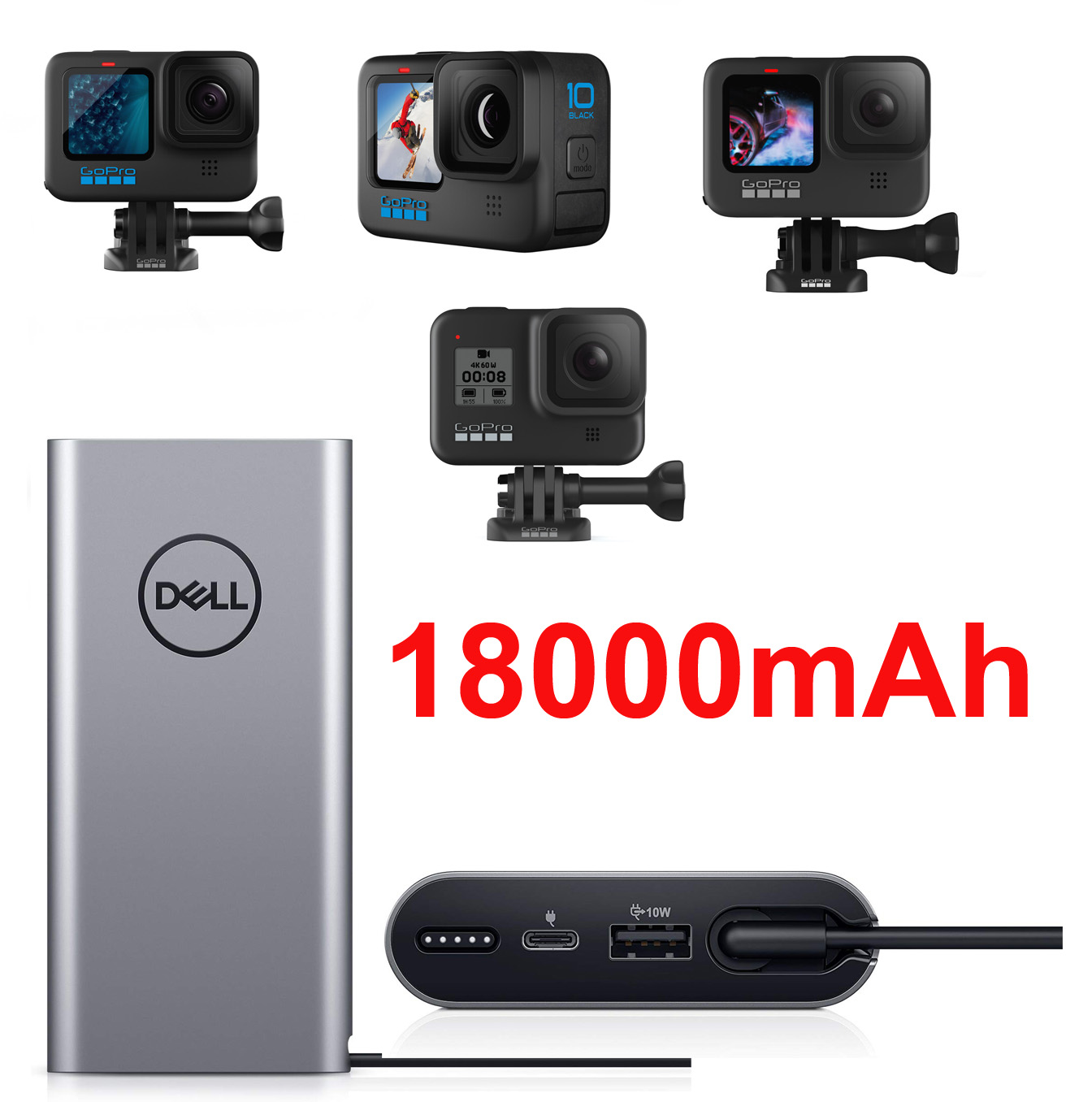 Pin sạc dự phòng gopro 6, gopro 7, gopro 8, gopro 9, gopro 10, gopro 11, cho laptop dell usb c 65wh - pw7018lc type c 18000mah, pin dự phòng cho laptop, điện thoại, máy tính bảng