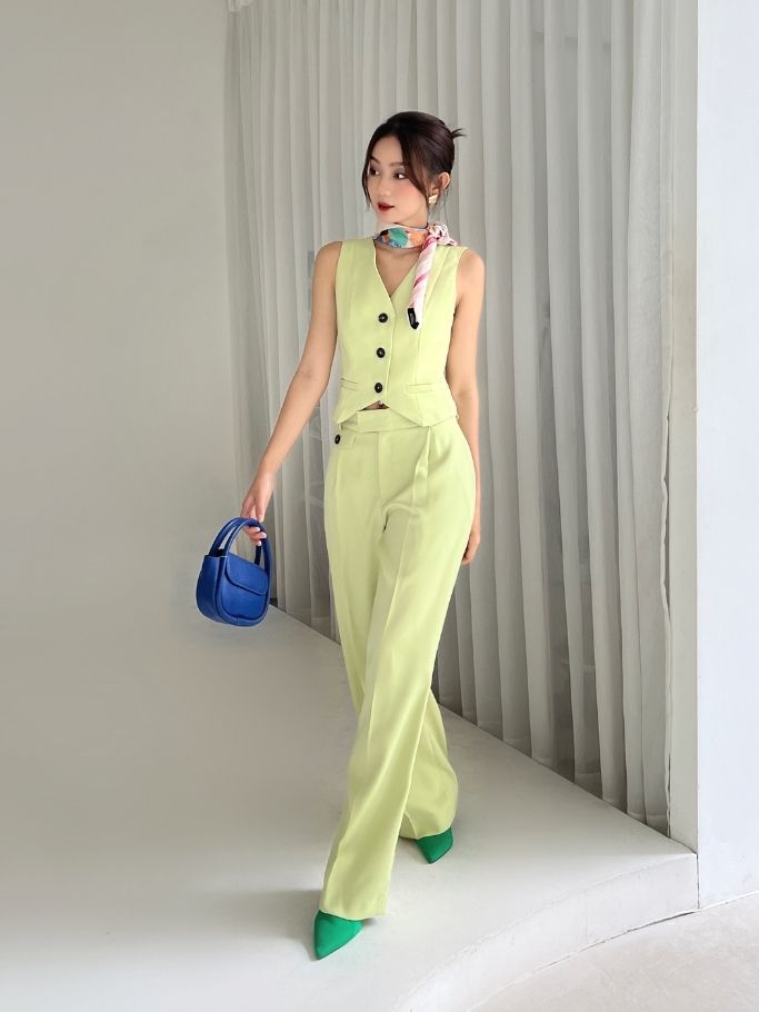 Coco sin - quần ống rộng xanh đính nút