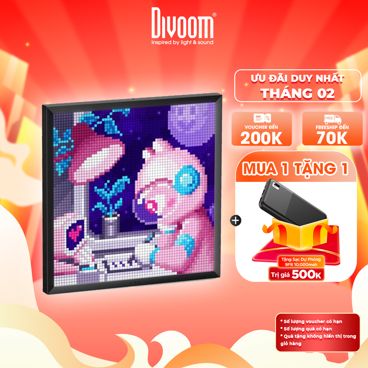 Màn hình LED Divoom Pixoo-64 64x64 pixel tích hợp App nhiều tính năng, có thể trang trí treo treo tường