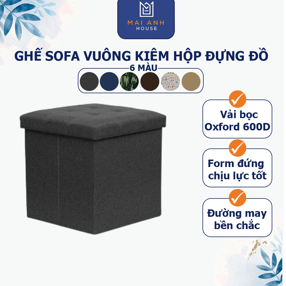 Ghế đôn dáng vuông kiêm hộp đựng đồ gấp gọn Mai Anh House MA05, thân gỗ MDF bọc vải Oxford 600D, nắp nệm mút êm ái