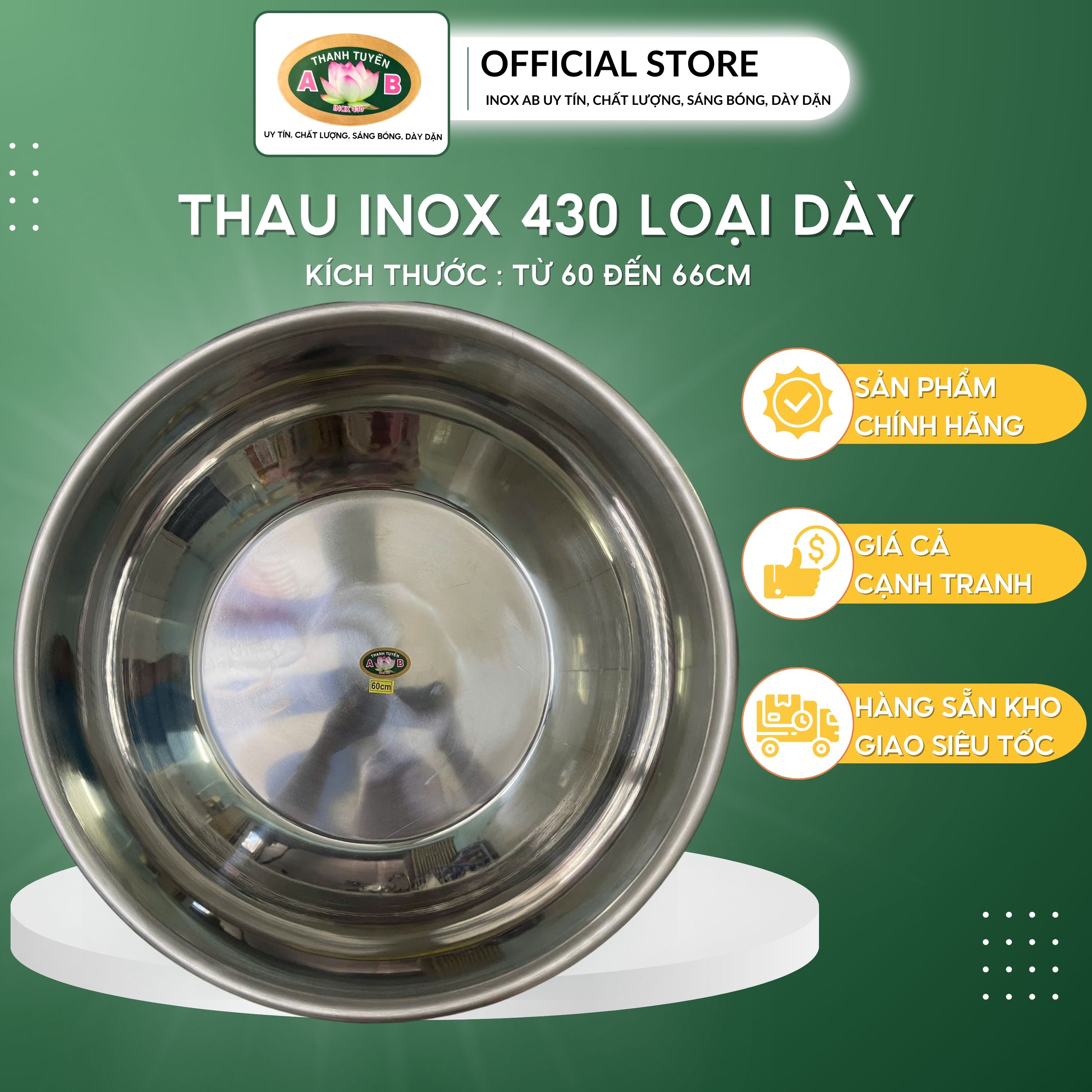 Thau inox 60cm,66cm loại dày, chất lượng, sáng bóng, bền đẹp phục vụ cho gia dình , quán ăn, nhà hàng,......