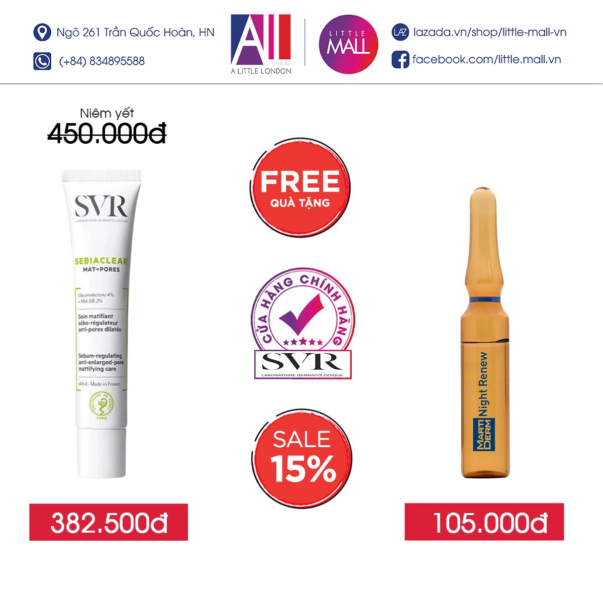 Kem dưỡng da làm giảm mụn SVR sebiaclear mat + pores 40ml TẶNG Ampoule chống lão hóa Martiderm (Nhập khẩu)