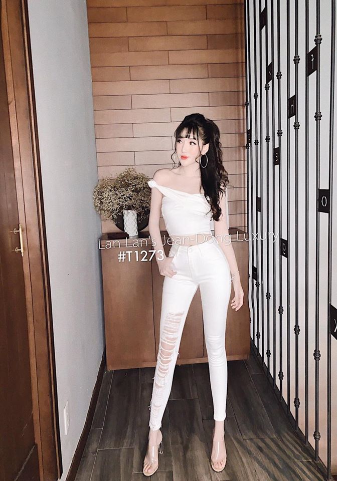 Quần jean nữ rách bụi, quần bò nữ rách nhiều một bên màu trắng lưng cao co giãn dáng skiny cao cấp