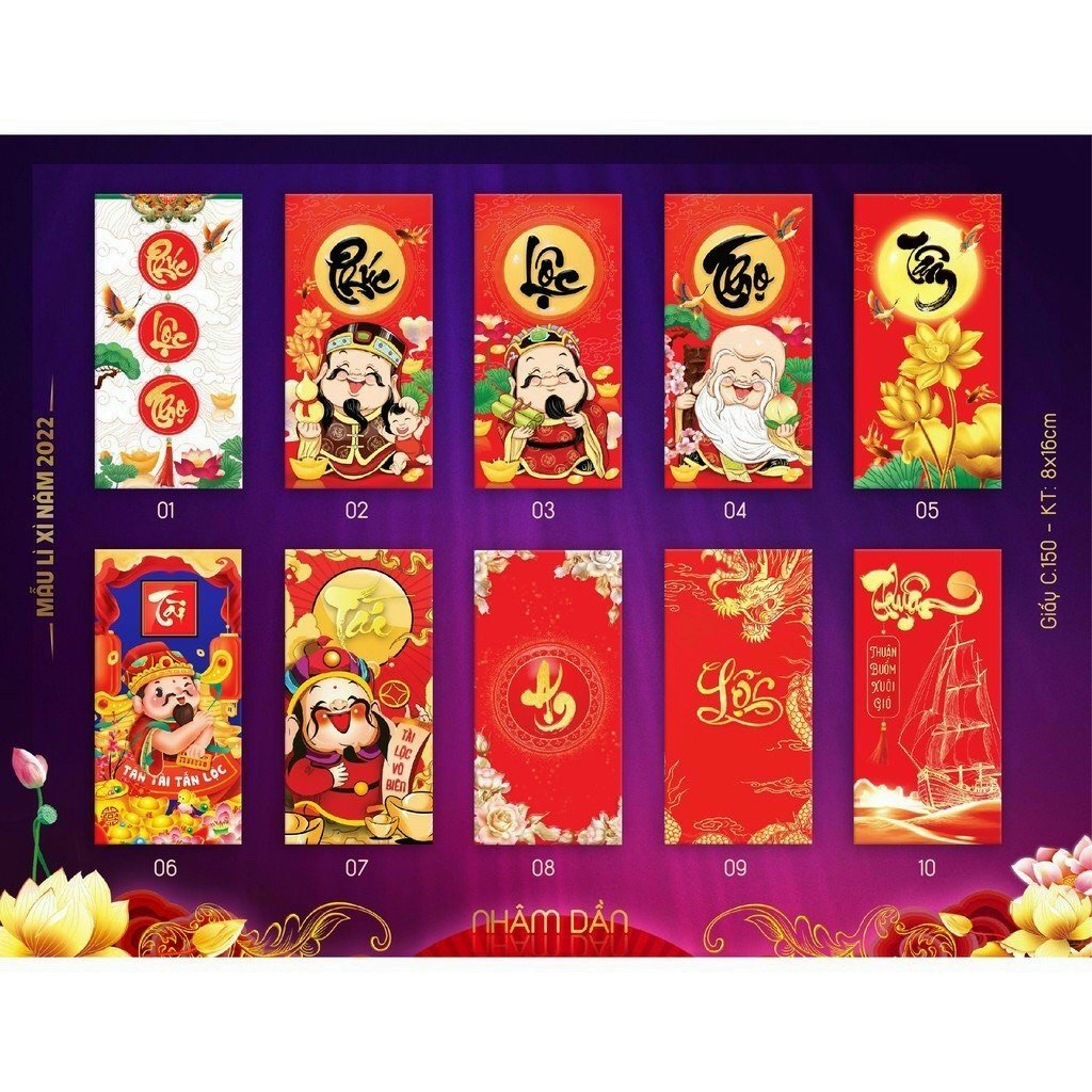 Bao lì xì Tết 2022 nhiều mẫu mã, 1 xấp 10 cái, giấy C150 cứng cáp